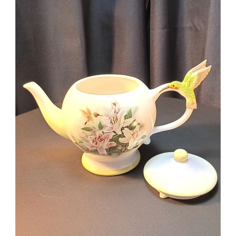 Vintage Hummingbird Lily Floral Teapot China Collectible Lina Lui Bird Decor Gif